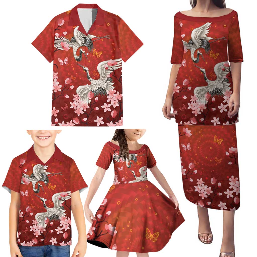 Hawaii Japan Cranes Sakura Flower Red Family Matching Puletasi and Hawaiian Shirt Japan Heritage Spirit - Polynesian Pride