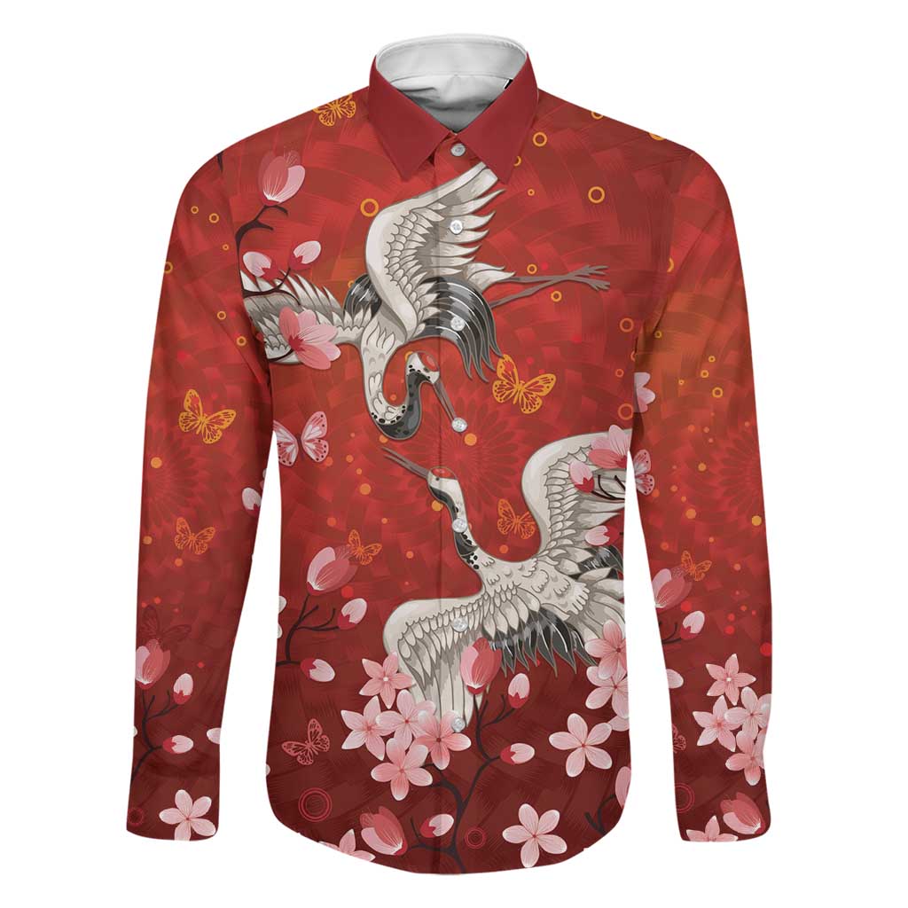 Hawaii Japan Cranes Sakura Flower Red Family Matching Puletasi and Hawaiian Shirt Japan Heritage Spirit LT01 Dad's Shirt - Long Sleeve Red - Polynesian Pride