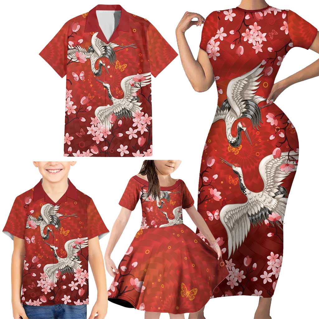 Hawaii Japan Cranes Sakura Flower Red Family Matching Short Sleeve Bodycon Dress and Hawaiian Shirt Japan Heritage Spirit LT01 - Polynesian Pride