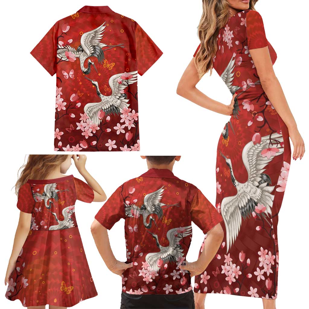 Hawaii Japan Cranes Sakura Flower Red Family Matching Short Sleeve Bodycon Dress and Hawaiian Shirt Japan Heritage Spirit LT01 - Polynesian Pride