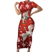 Hawaii Japan Cranes Sakura Flower Red Family Matching Short Sleeve Bodycon Dress and Hawaiian Shirt Japan Heritage Spirit LT01 Mom's Dress Red - Polynesian Pride