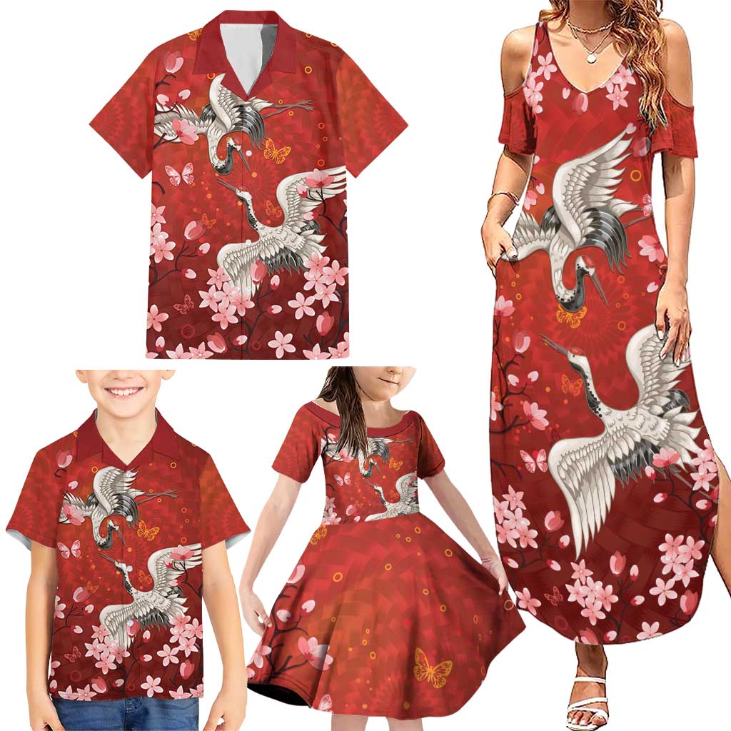 Hawaii Japan Cranes Sakura Flower Red Family Matching Summer Maxi Dress and Hawaiian Shirt Japan Heritage Spirit - Polynesian Pride