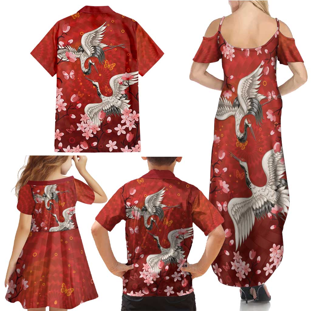 Hawaii Japan Cranes Sakura Flower Red Family Matching Summer Maxi Dress and Hawaiian Shirt Japan Heritage Spirit LT01 - Polynesian Pride