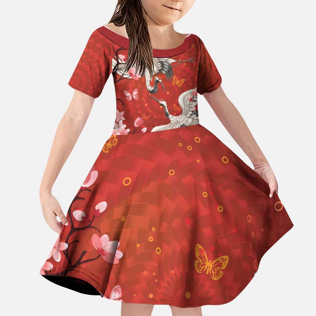 Hawaii Japan Cranes Sakura Flower Red Family Matching Tank Maxi Dress and Hawaiian Shirt Japan Heritage Spirit LT01 Daughter's Dress Red - Polynesian Pride