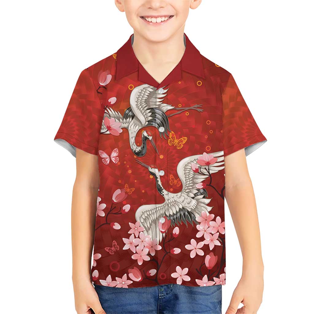 Hawaii Japan Cranes Sakura Flower Red Kid Hawaiian Shirt Japan Heritage Spirit - Polynesian Pride