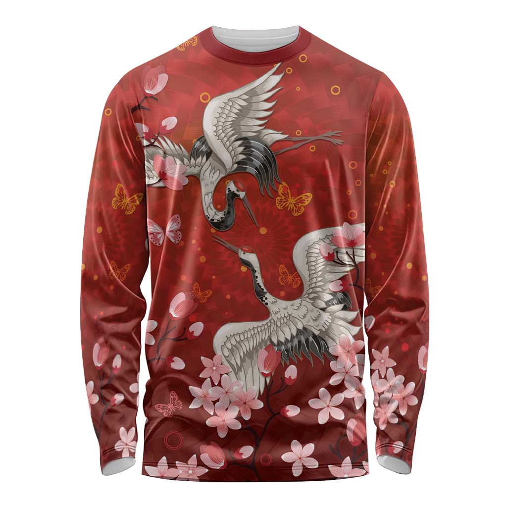 Hawaii Japan Cranes Sakura Flower Red Long Sleeve Shirt Japan Heritage Spirit - Polynesian Pride