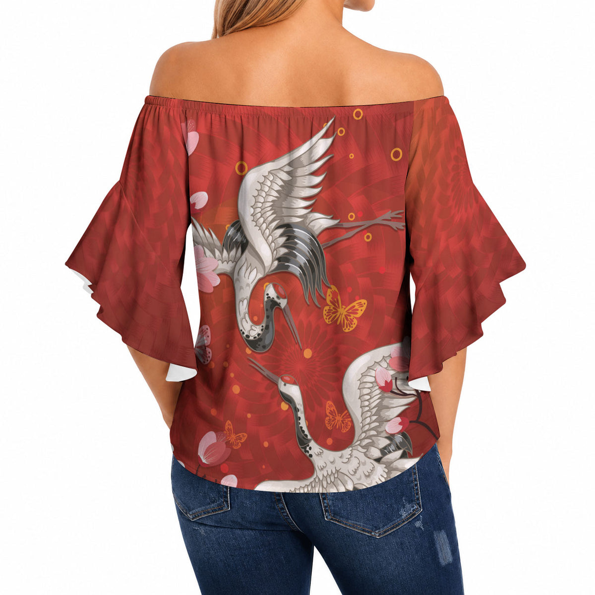 Hawaii Japan Cranes Sakura Flower Red Off Shoulder Wrap Waist Top Japan Heritage Spirit LT01 - Polynesian Pride