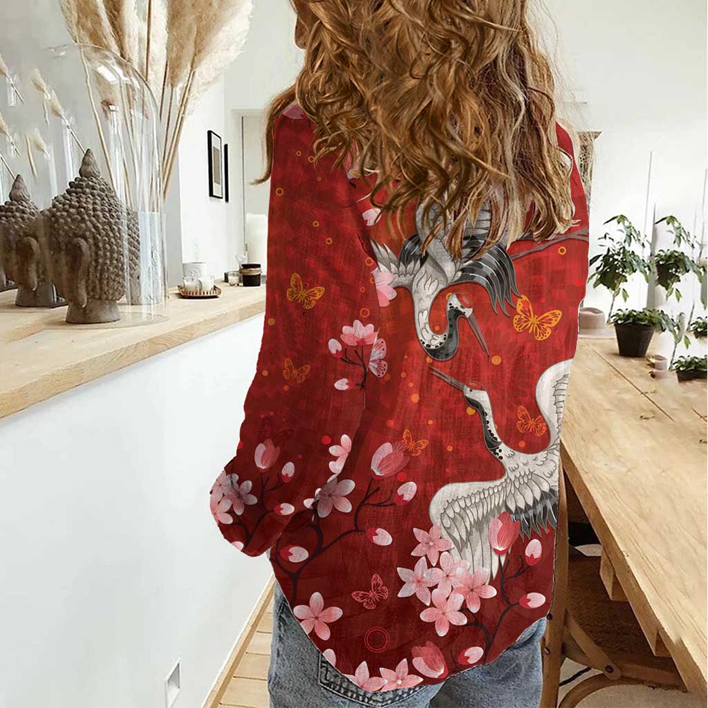 Hawaii Japan Cranes Sakura Flower Red Women Casual Shirt Japan Heritage Spirit - Polynesian Pride