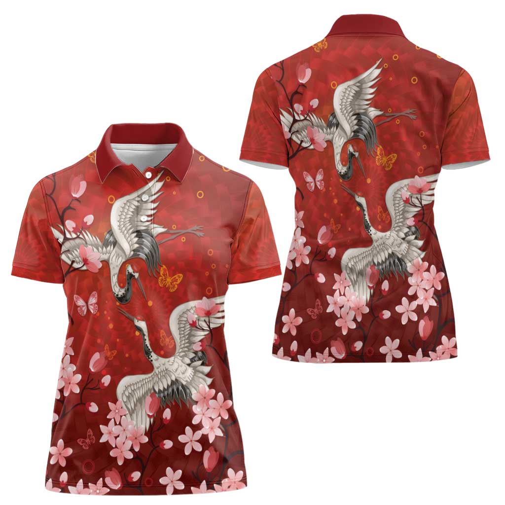 Hawaii Japan Cranes Sakura Flower Red Women Polo Shirt Japan Heritage Spirit - Polynesian Pride