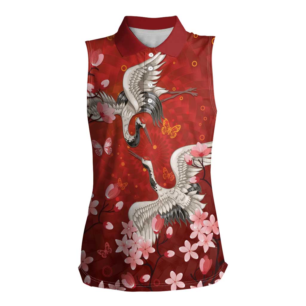 Hawaii Japan Cranes Sakura Flower Red Women Sleeveless Polo Shirt - Japan Heritage Spirit LT01 Female Red - Polynesian Pride