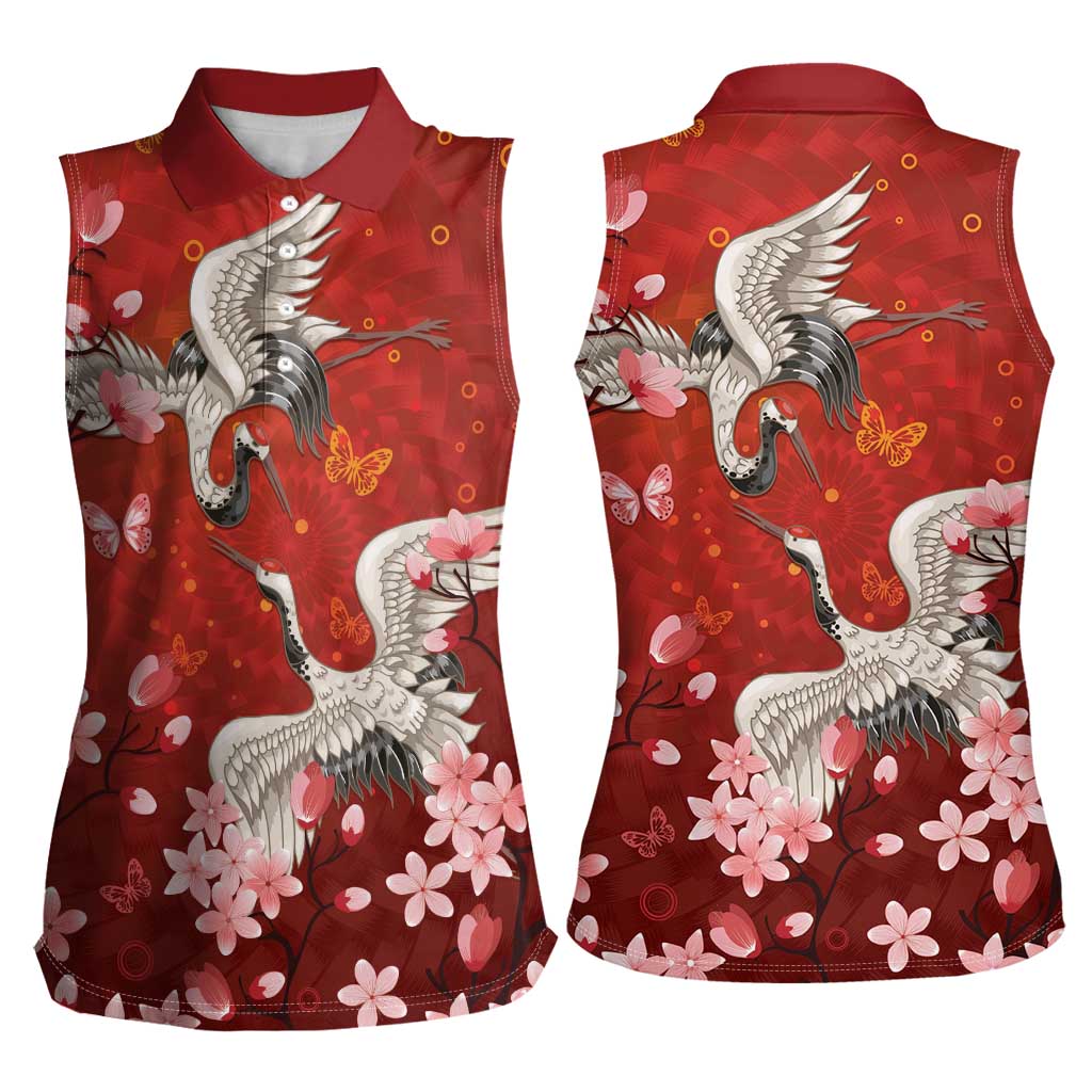 Hawaii Japan Cranes Sakura Flower Red Women Sleeveless Polo Shirt - Japan Heritage Spirit LT01 - Polynesian Pride