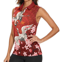 Hawaii Japan Cranes Sakura Flower Red Women Sleeveless Polo Shirt - Japan Heritage Spirit LT01 - Polynesian Pride