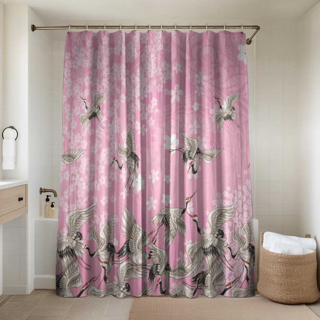 Cranes Sakura Floral Pink Pastel Bathroom Set Hawaii Japan Culture LT01 Shower Curtain Only Pink - Polynesian Pride