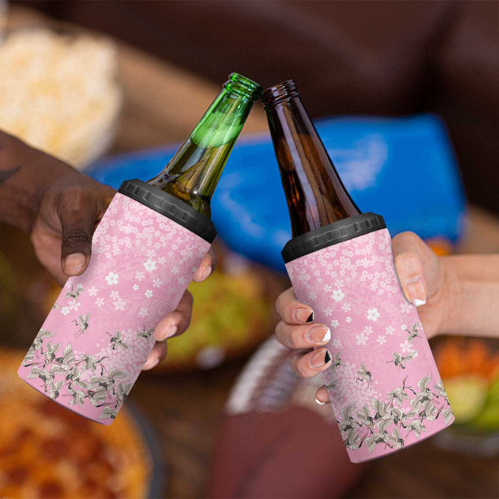 Cranes Sakura Floral Pink Pastel 4 in 1 Can Cooler Tumbler Hawaii Japan Culture - Polynesian Pride