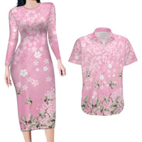 Cranes Sakura Floral Pink Pastel Couples Matching Long Sleeve Bodycon Dress and Hawaiian Shirt Hawaii Japan Culture LT01 Pink - Polynesian Pride