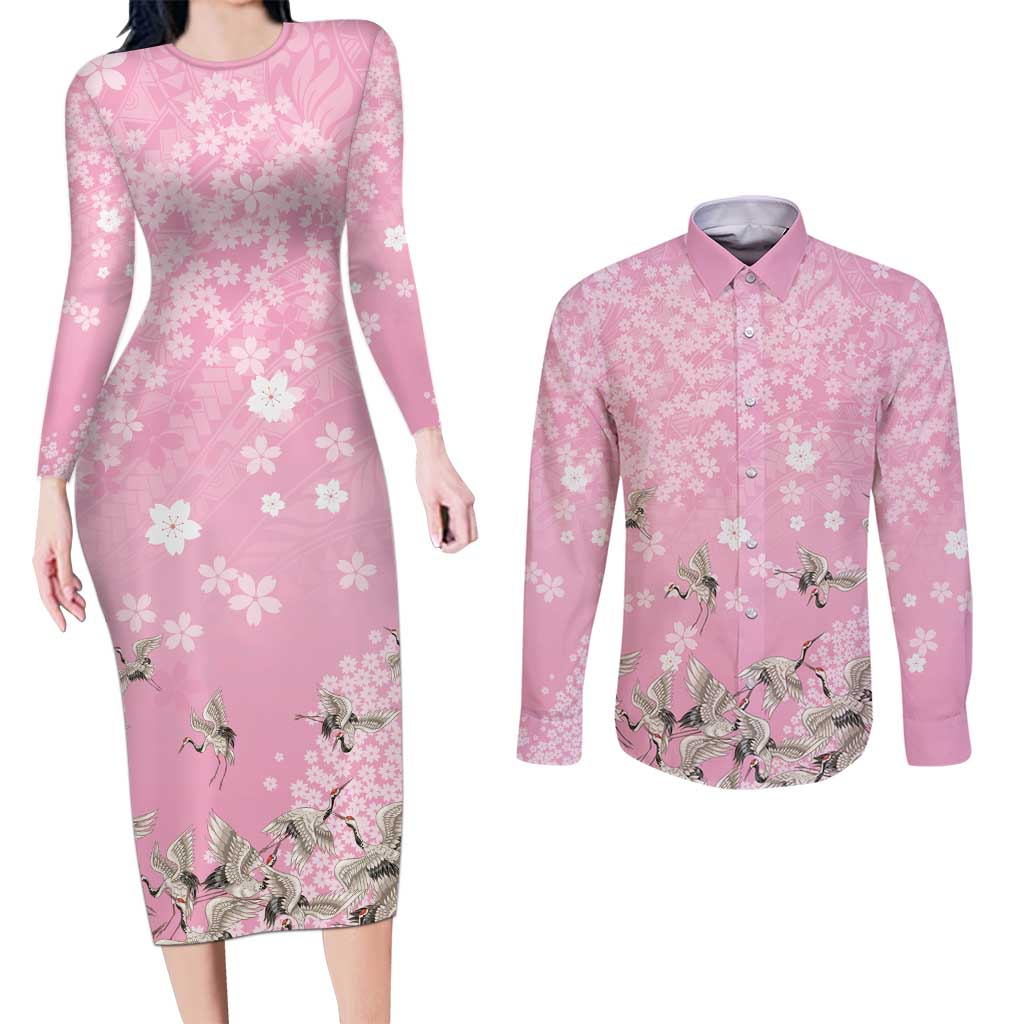 Cranes Sakura Floral Pink Pastel Couples Matching Long Sleeve Bodycon Dress and Long Sleeve Button Shirt Hawaii Japan Culture LT01 Pink - Polynesian Pride