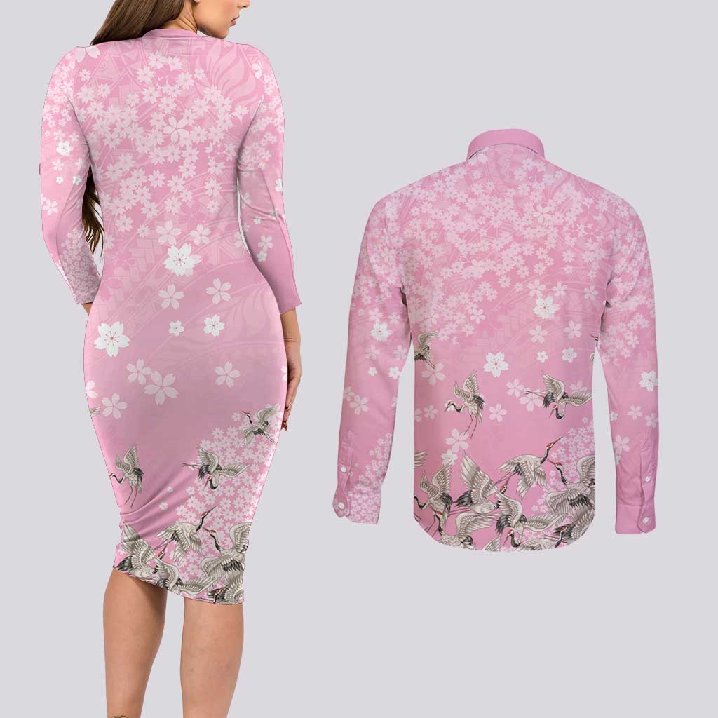 Cranes Sakura Floral Pink Pastel Couples Matching Long Sleeve Bodycon Dress and Long Sleeve Button Shirt Hawaii Japan Culture LT01 - Polynesian Pride