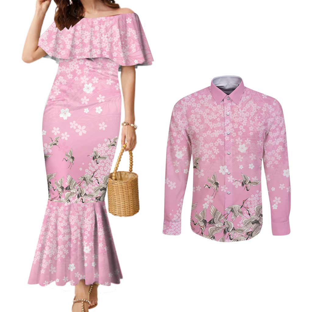 Cranes Sakura Floral Pink Pastel Couples Matching Mermaid Dress and Long Sleeve Button Shirt Hawaii Japan Culture LT01 Pink - Polynesian Pride