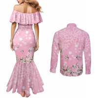 Cranes Sakura Floral Pink Pastel Couples Matching Mermaid Dress and Long Sleeve Button Shirt Hawaii Japan Culture LT01 - Polynesian Pride