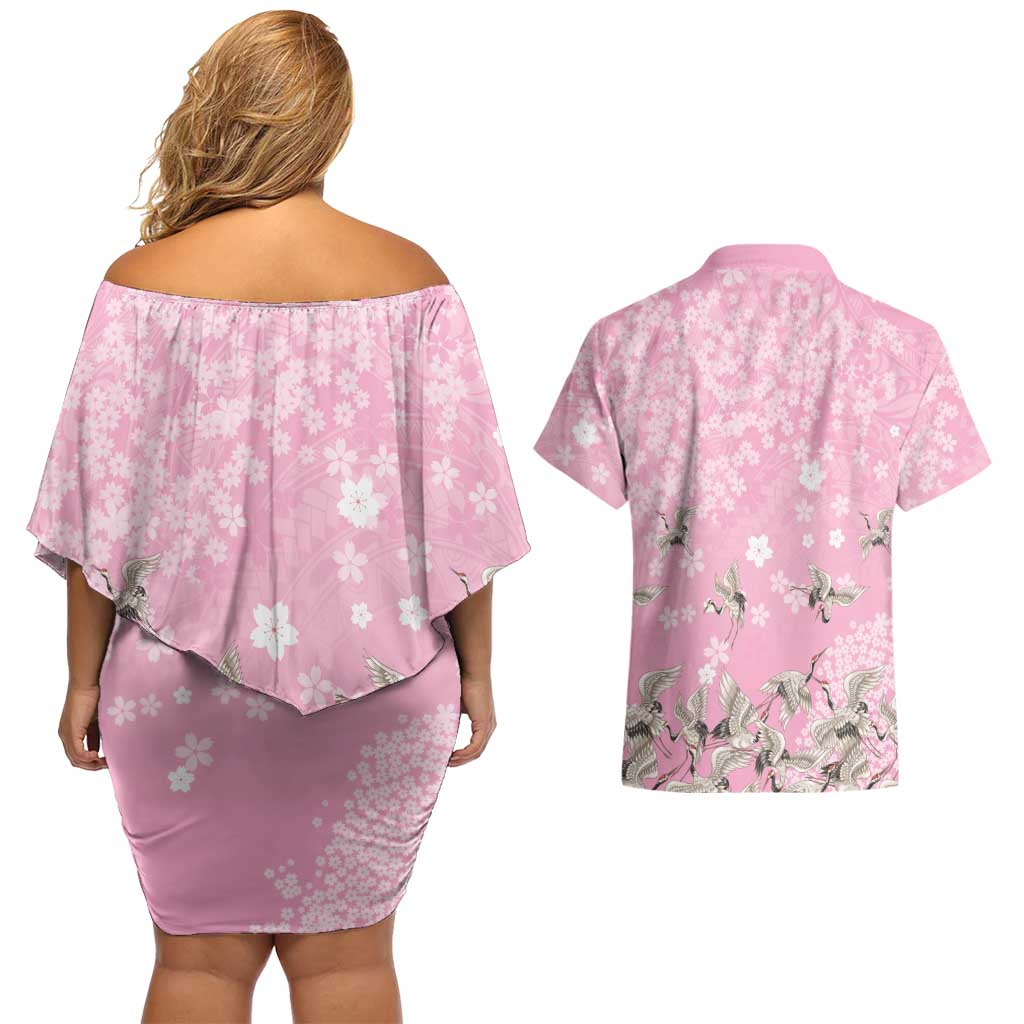 Cranes Sakura Floral Pink Pastel Couples Matching Off Shoulder Short Dress and Hawaiian Shirt Hawaii Japan Culture LT01 - Polynesian Pride
