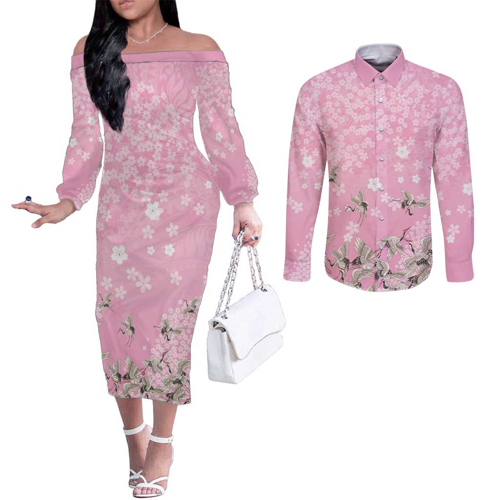 Cranes Sakura Floral Pink Pastel Couples Matching Off The Shoulder Long Sleeve Dress and Long Sleeve Button Shirt Hawaii Japan Culture LT01 Pink - Polynesian Pride