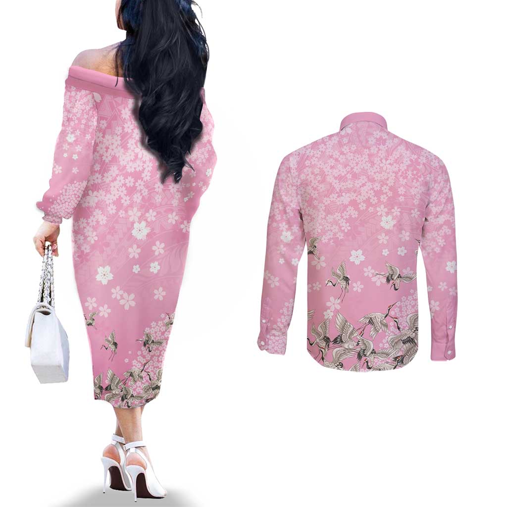 Cranes Sakura Floral Pink Pastel Couples Matching Off The Shoulder Long Sleeve Dress and Long Sleeve Button Shirt Hawaii Japan Culture LT01 - Polynesian Pride