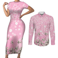 Cranes Sakura Floral Pink Pastel Couples Matching Short Sleeve Bodycon Dress and Long Sleeve Button Shirt Hawaii Japan Culture LT01 Pink - Polynesian Pride