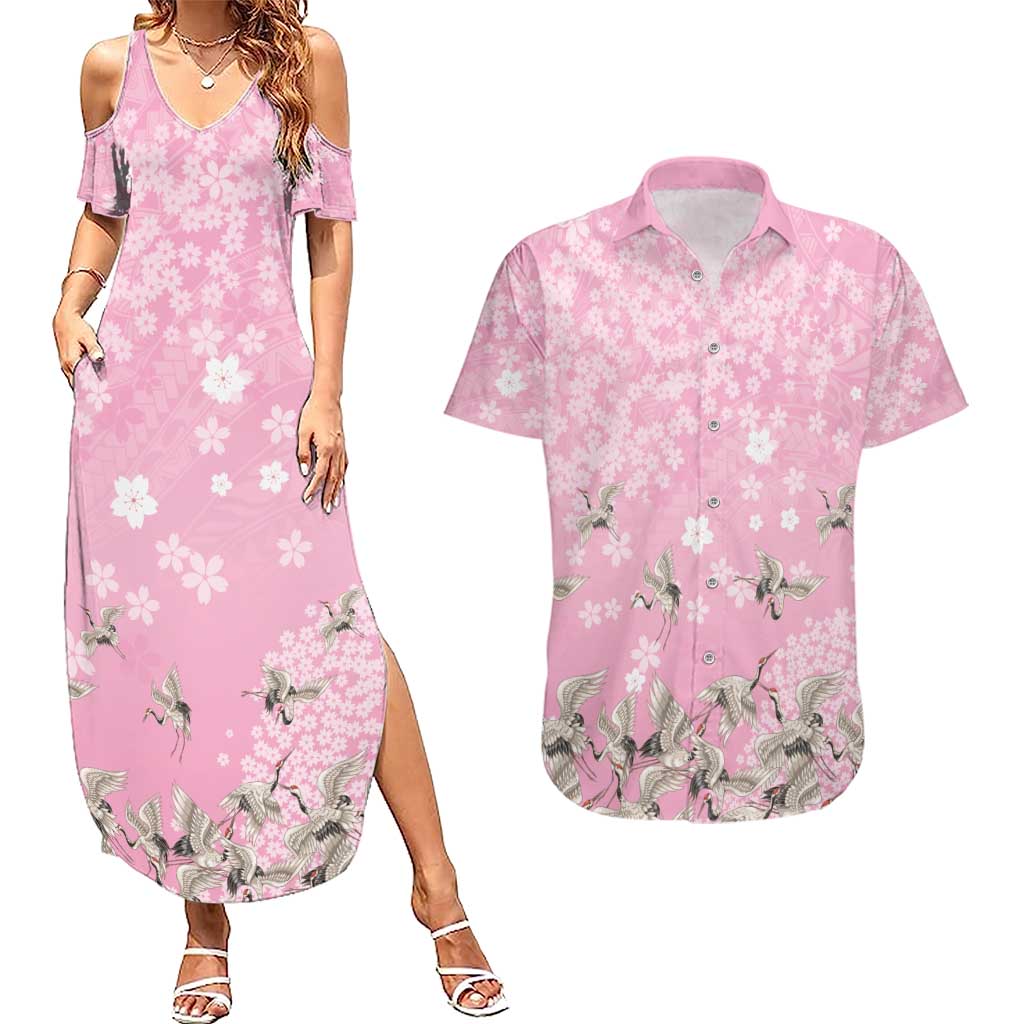 Cranes Sakura Floral Pink Pastel Couples Matching Summer Maxi Dress and Hawaiian Shirt Hawaii Japan Culture LT01 Pink - Polynesian Pride