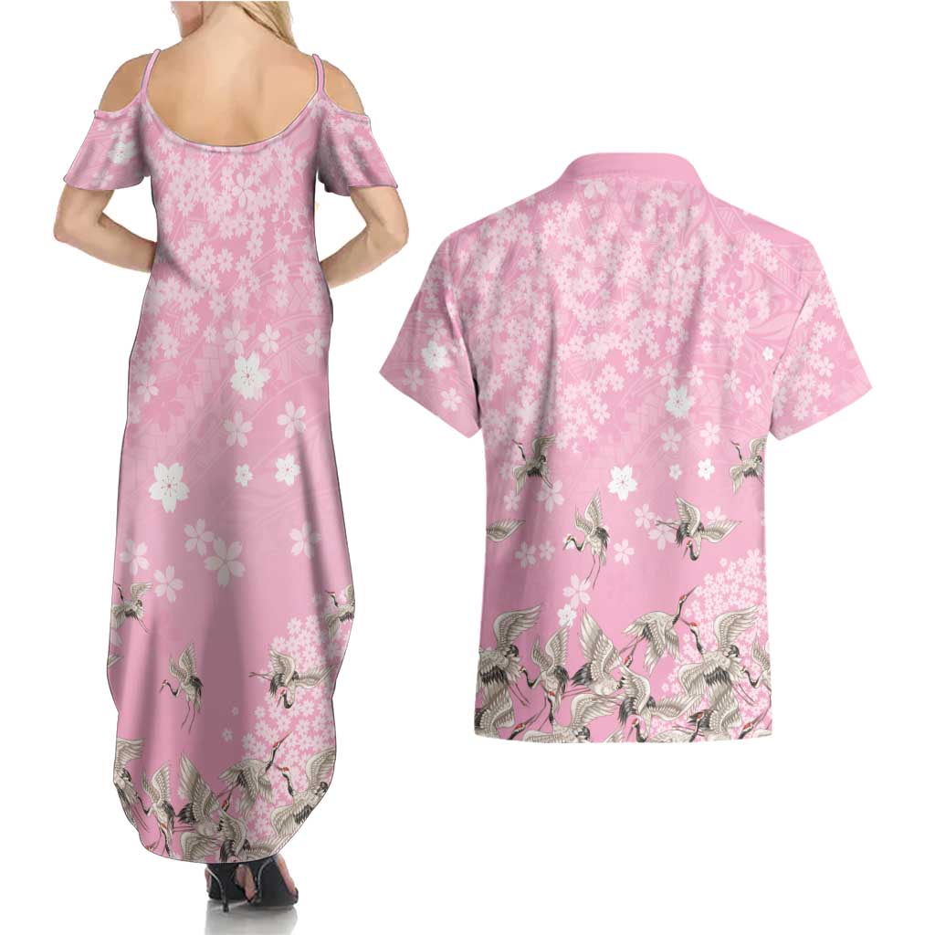 Cranes Sakura Floral Pink Pastel Couples Matching Summer Maxi Dress and Hawaiian Shirt Hawaii Japan Culture LT01 - Polynesian Pride