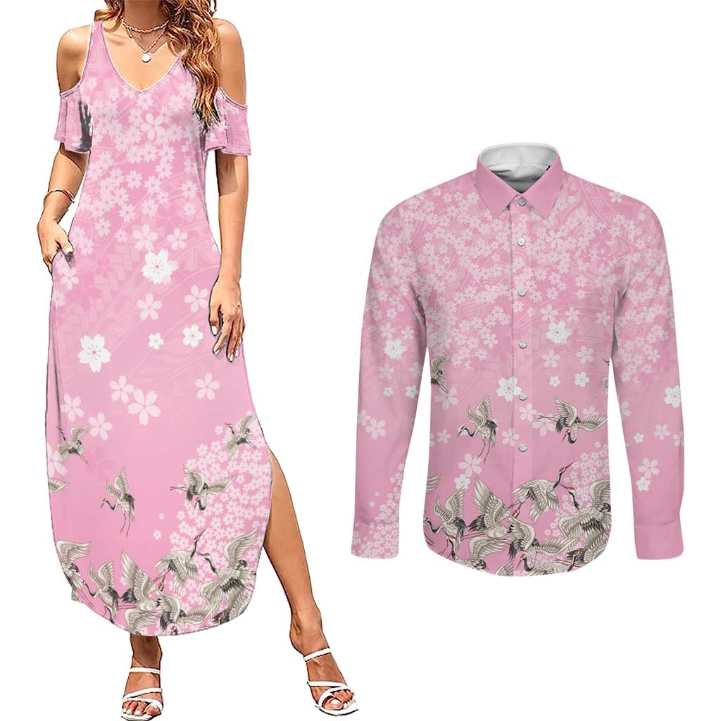 Cranes Sakura Floral Pink Pastel Couples Matching Summer Maxi Dress and Long Sleeve Button Shirt Hawaii Japan Culture - Polynesian Pride
