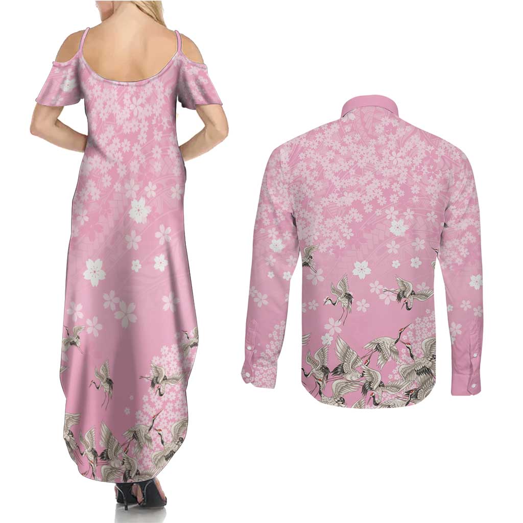 Cranes Sakura Floral Pink Pastel Couples Matching Summer Maxi Dress and Long Sleeve Button Shirt Hawaii Japan Culture - Polynesian Pride