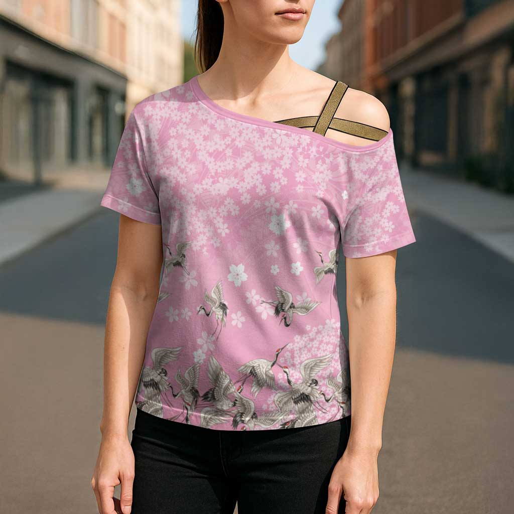 Cranes Sakura Floral Pink Pastel Cross Shoulder Shirt Hawaii Japan Culture - Polynesian Pride