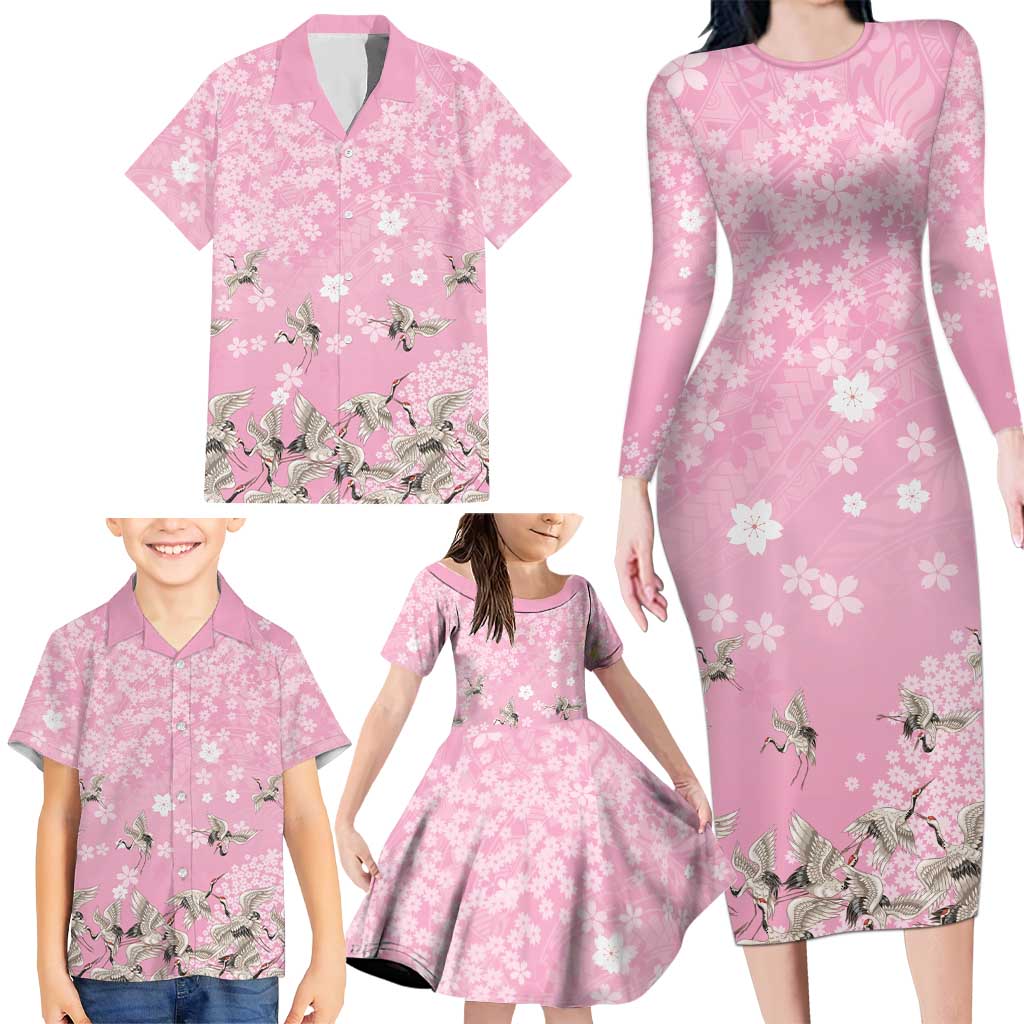 Cranes Sakura Floral Pink Pastel Family Matching Long Sleeve Bodycon Dress and Hawaiian Shirt Hawaii Japan Culture LT01 - Polynesian Pride