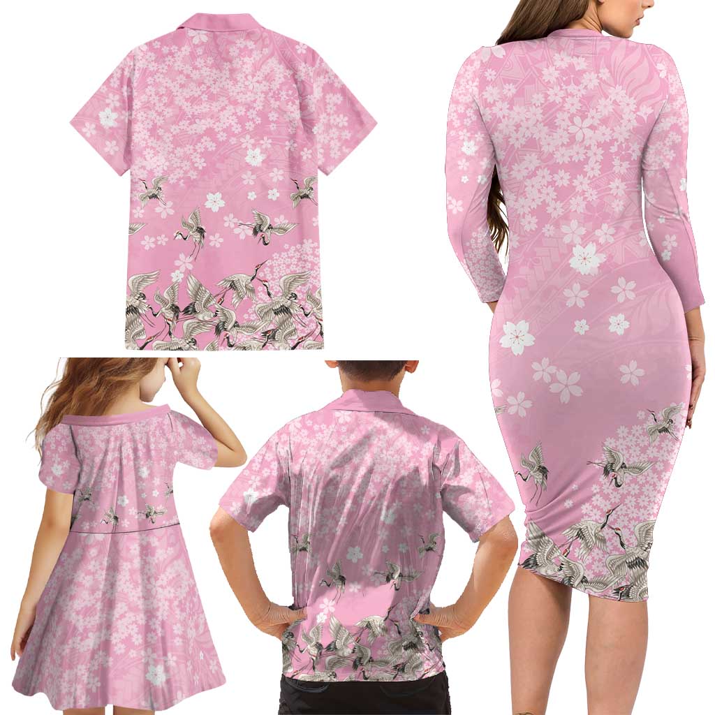 Cranes Sakura Floral Pink Pastel Family Matching Long Sleeve Bodycon Dress and Hawaiian Shirt Hawaii Japan Culture LT01 - Polynesian Pride