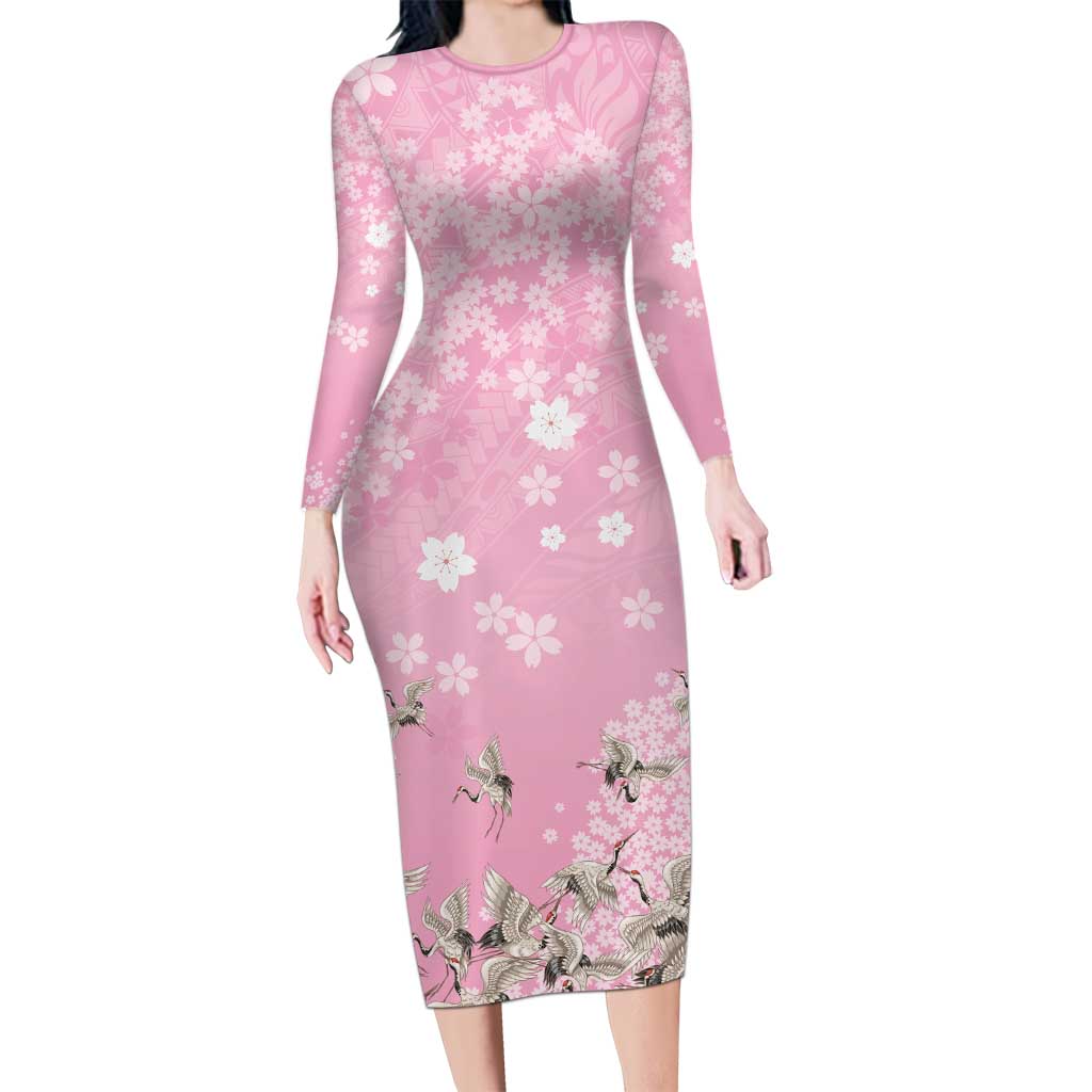 Cranes Sakura Floral Pink Pastel Family Matching Long Sleeve Bodycon Dress and Hawaiian Shirt Hawaii Japan Culture LT01 Mom's Dress Pink - Polynesian Pride