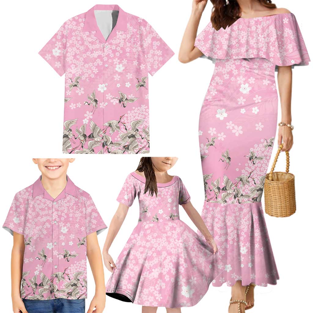 Cranes Sakura Floral Pink Pastel Family Matching Mermaid Dress and Hawaiian Shirt Hawaii Japan Culture LT01 - Polynesian Pride