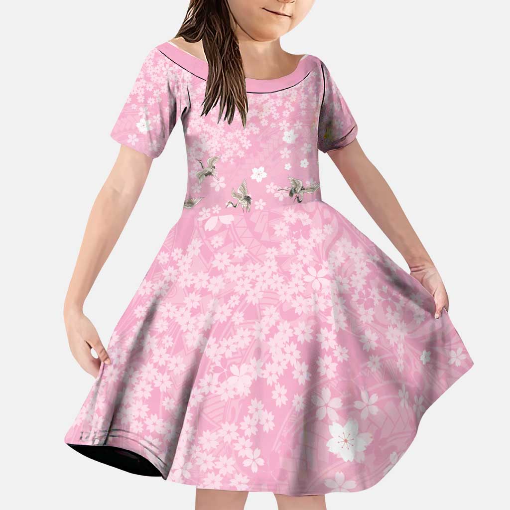 Cranes Sakura Floral Pink Pastel Family Matching Off Shoulder Maxi Dress and Hawaiian Shirt Hawaii Japan Culture LT01 Daughter's Dress Pink - Polynesian Pride