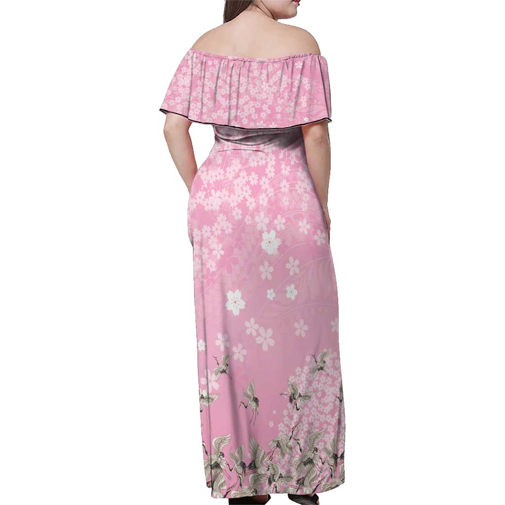 Cranes Sakura Floral Pink Pastel Family Matching Off Shoulder Maxi Dress and Hawaiian Shirt Hawaii Japan Culture LT01 - Polynesian Pride