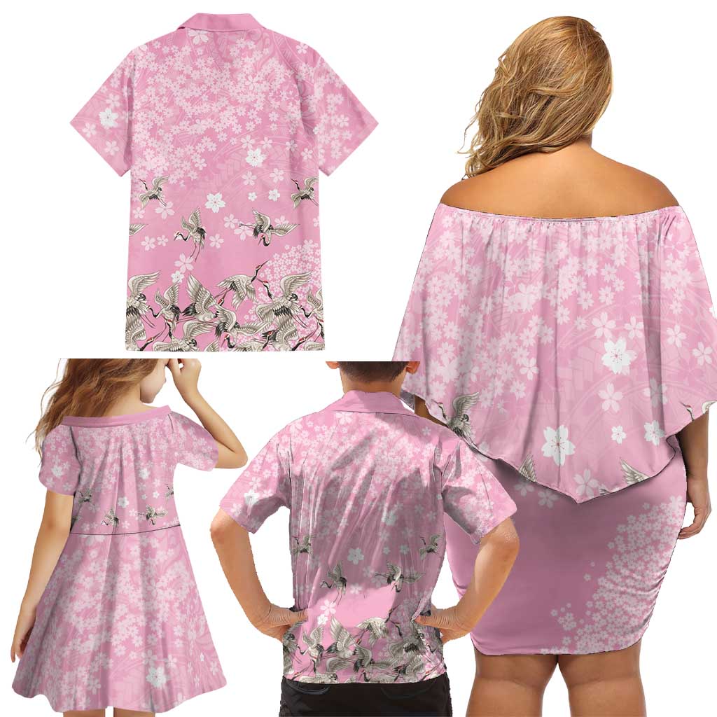 Cranes Sakura Floral Pink Pastel Family Matching Off Shoulder Short Dress and Hawaiian Shirt Hawaii Japan Culture LT01 - Polynesian Pride