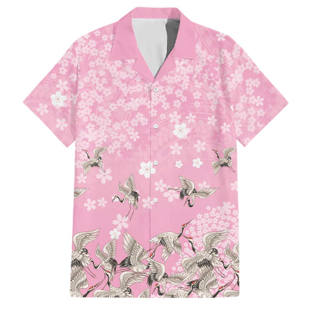 Cranes Sakura Floral Pink Pastel Family Matching Off Shoulder Short Dress and Hawaiian Shirt Hawaii Japan Culture LT01 Dad's Shirt - Short Sleeve Pink - Polynesian Pride