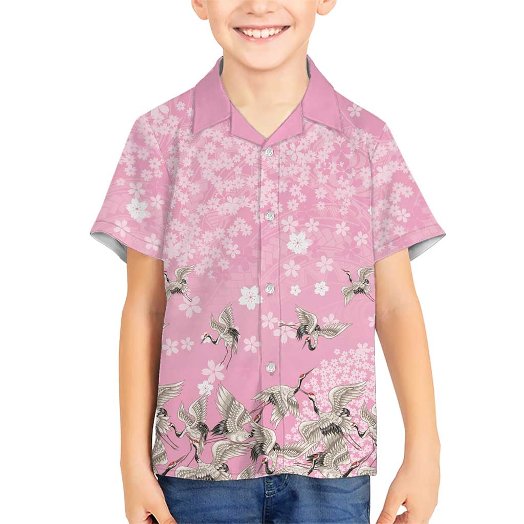 Cranes Sakura Floral Pink Pastel Family Matching Off Shoulder Short Dress and Hawaiian Shirt Hawaii Japan Culture LT01 Son's Shirt Pink - Polynesian Pride