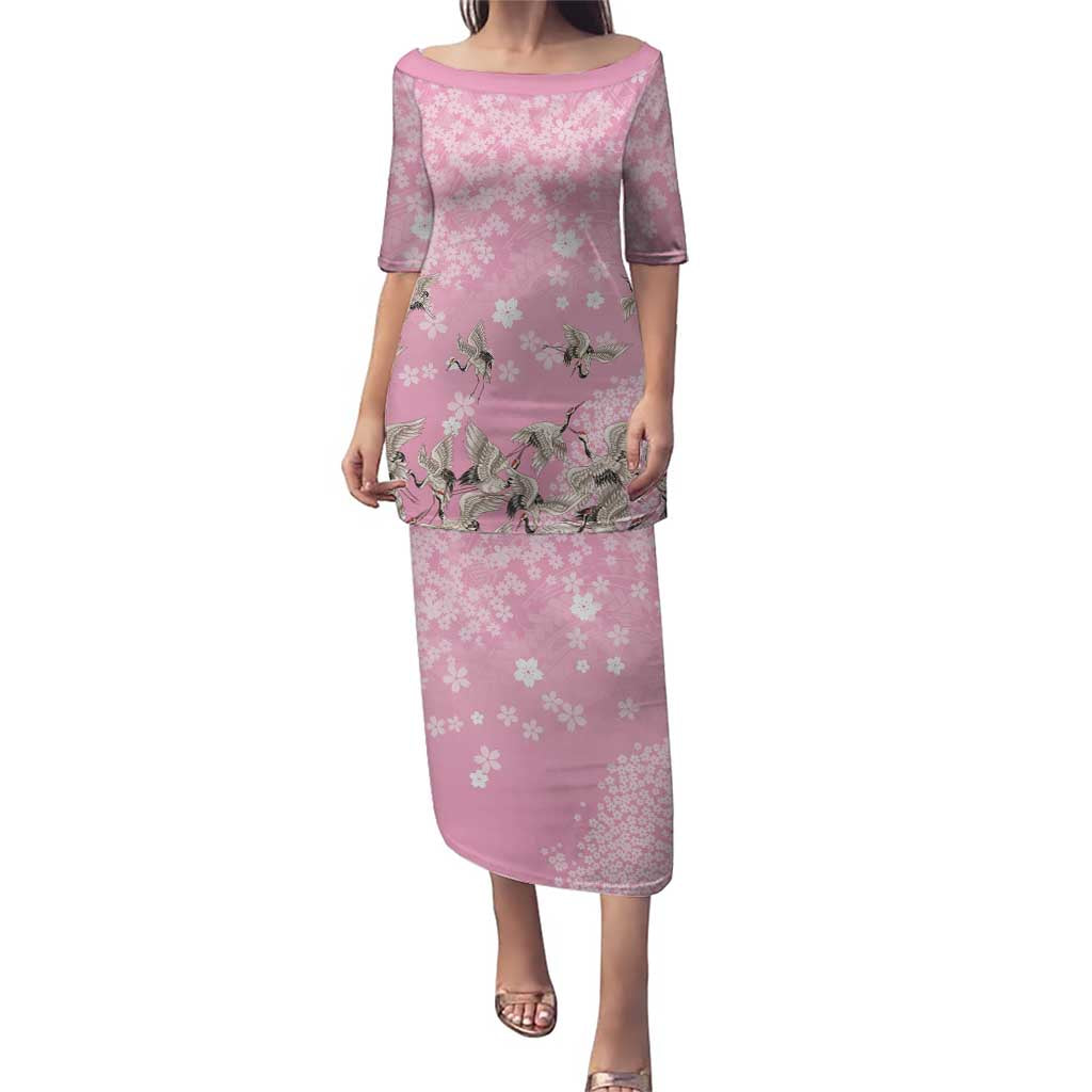 Cranes Sakura Floral Pink Pastel Family Matching Puletasi and Hawaiian Shirt Hawaii Japan Culture LT01 Mom's Dress Pink - Polynesian Pride