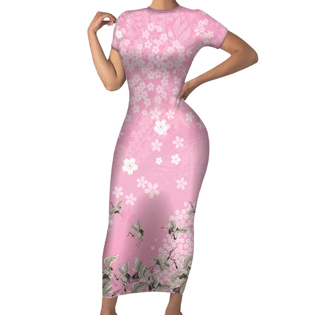 Cranes Sakura Floral Pink Pastel Family Matching Short Sleeve Bodycon Dress and Hawaiian Shirt Hawaii Japan Culture LT01 Mom's Dress Pink - Polynesian Pride