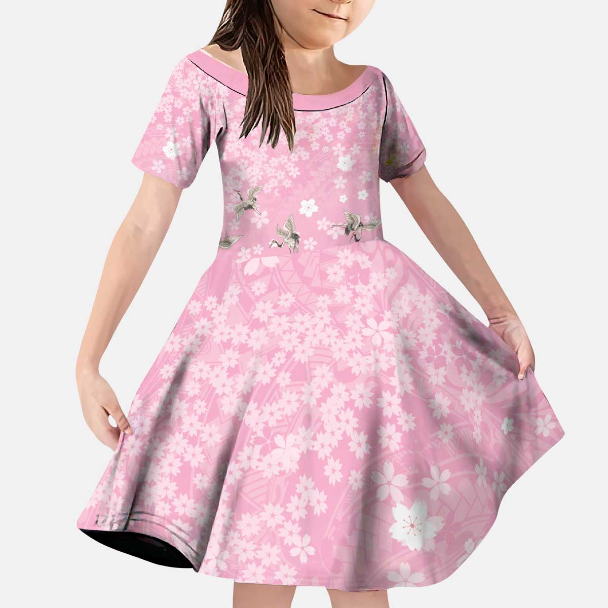 Cranes Sakura Floral Pink Pastel Kid Short Sleeve Dress Hawaii Japan Culture - Polynesian Pride