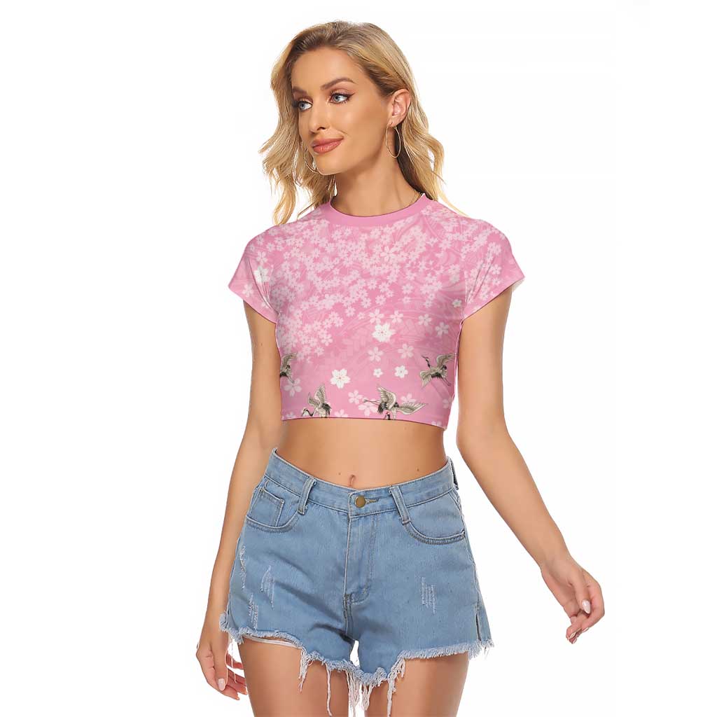 Cranes Sakura Floral Pink Pastel Raglan Cropped T Shirt Hawaii Japan Culture - Polynesian Pride