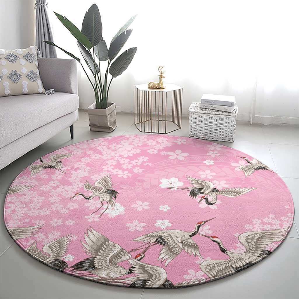 Cranes Sakura Floral Pink Pastel Round Carpet Hawaii Japan Culture LT01 - Polynesian Pride