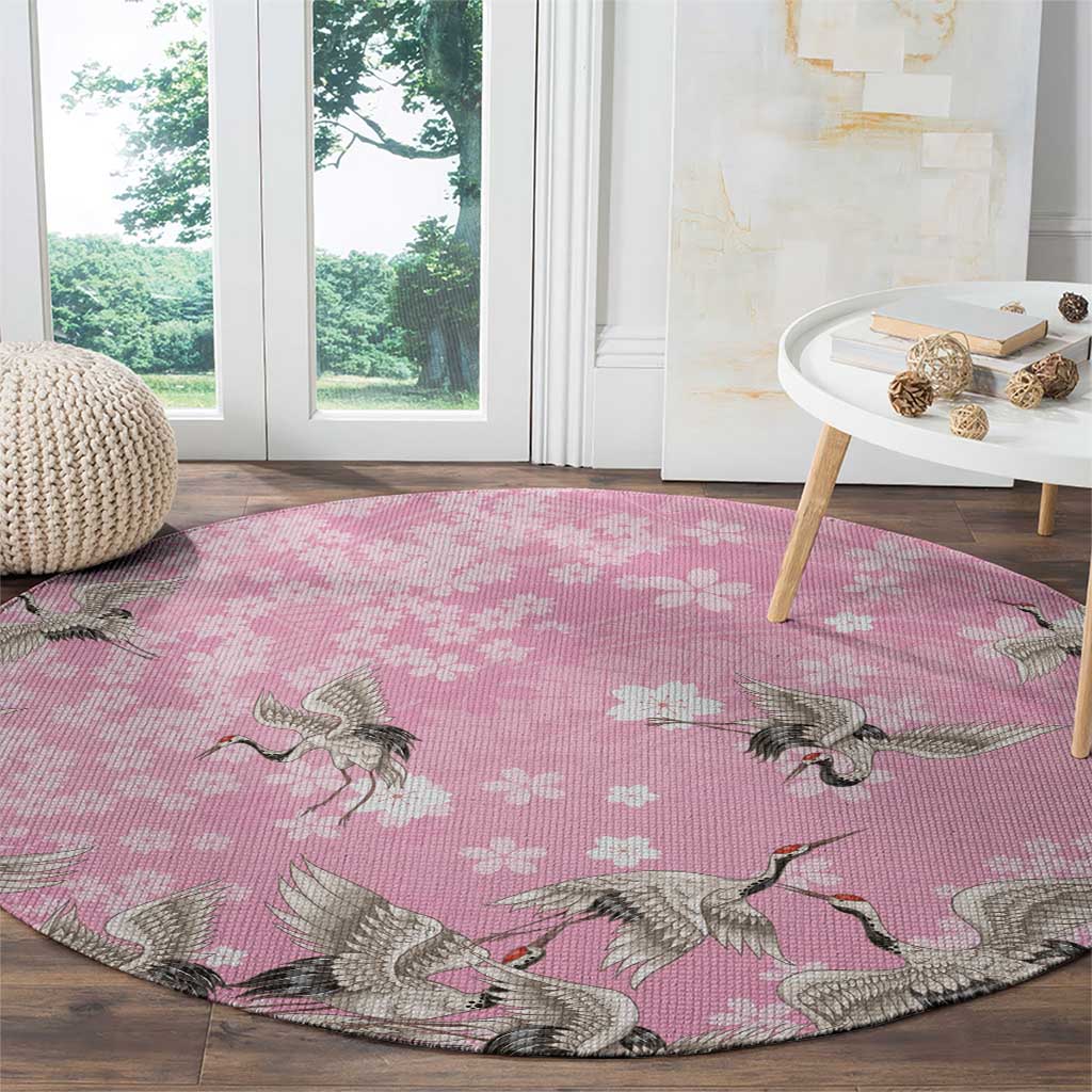 Cranes Sakura Floral Pink Pastel Round Carpet Hawaii Japan Culture LT01 - Polynesian Pride