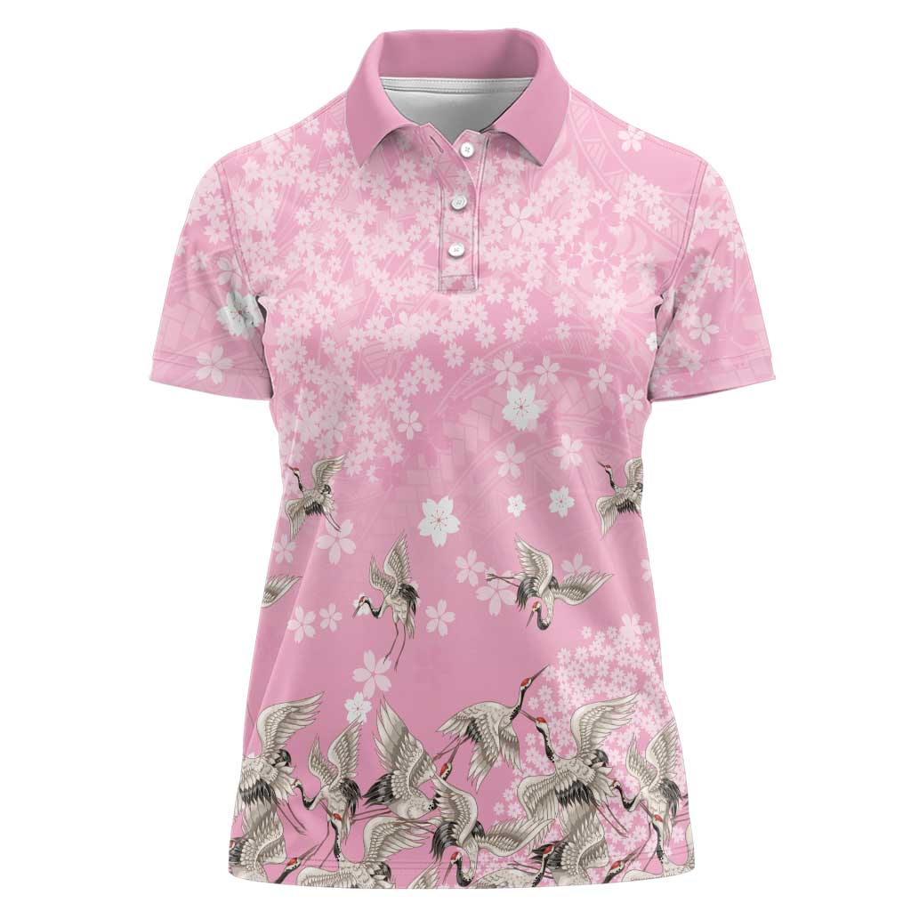 Cranes Sakura Floral Pink Pastel Women Polo Shirt Hawaii Japan Culture - Polynesian Pride