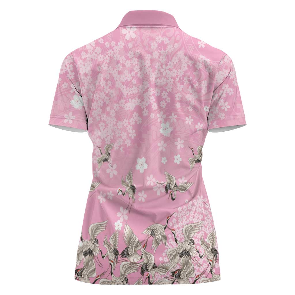 Cranes Sakura Floral Pink Pastel Women Polo Shirt Hawaii Japan Culture - Polynesian Pride
