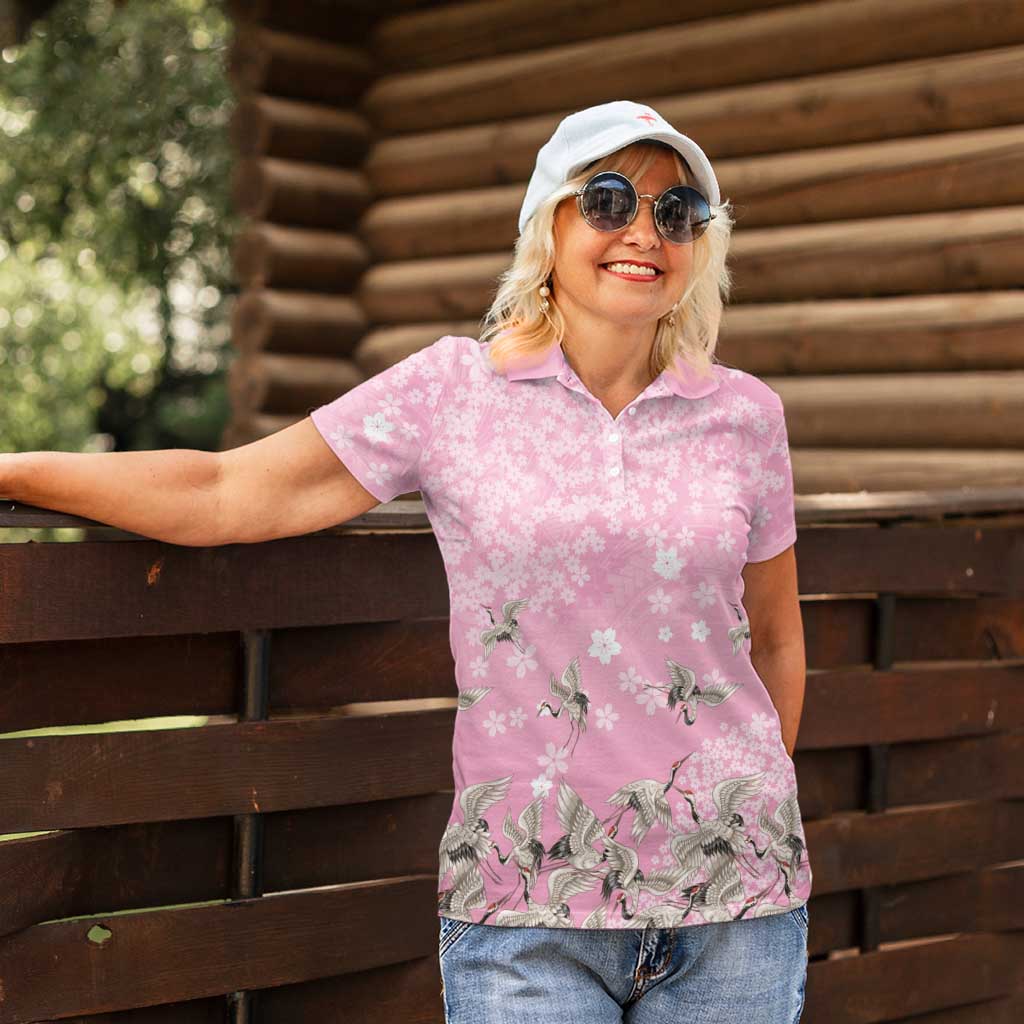 Cranes Sakura Floral Pink Pastel Women Polo Shirt Hawaii Japan Culture - Polynesian Pride